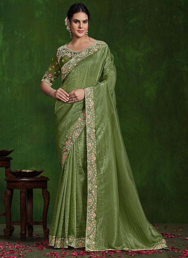 Crush Paper Silk Green Wedding Wear Sequence Work Saree